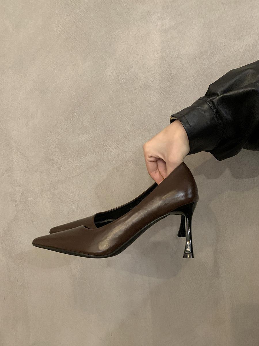 

Туфли на высоком каблуке, французский темперамент, обувь для светских женщин, 2024, новая весна, черные, простые, с острым носком, с открытым верхом, туфли-стилетто 39 коричневый