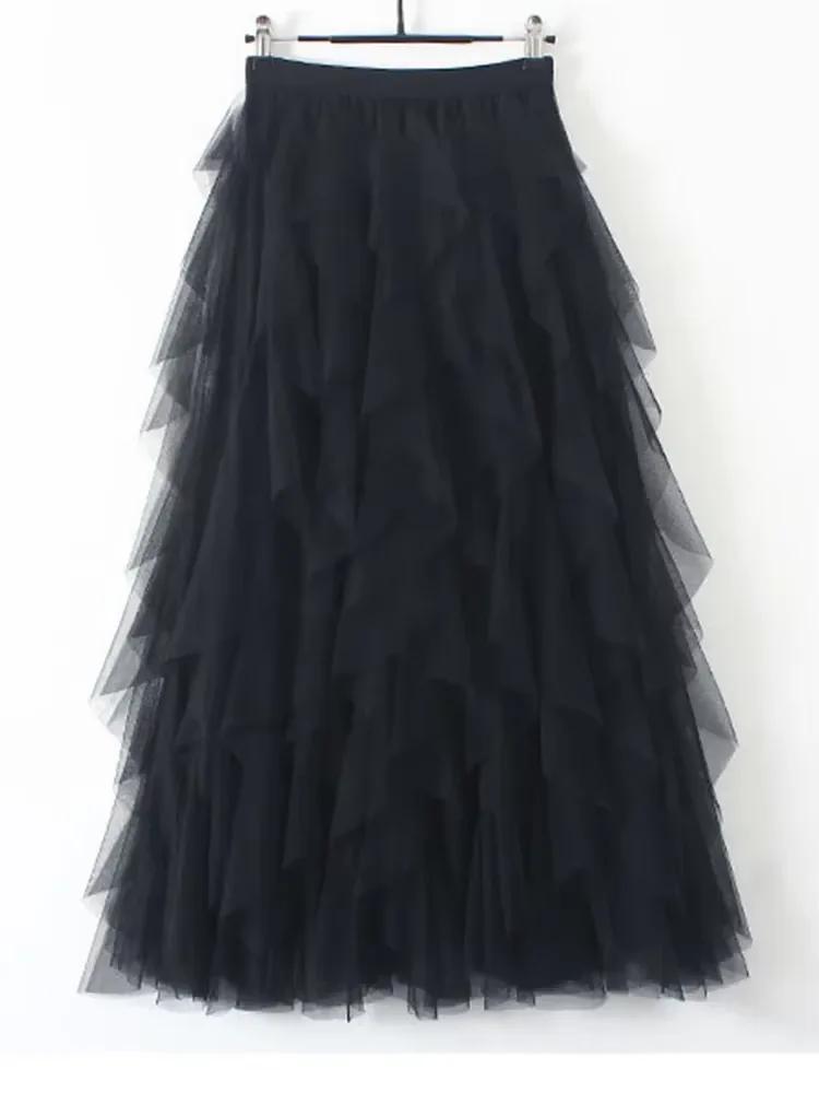 Womens Elastic High Waist Tulle Mesh Irregular Tutu Skirt Gauze Skirt  Spring and Summer New Pleated A-line Skirt in The Long Hi