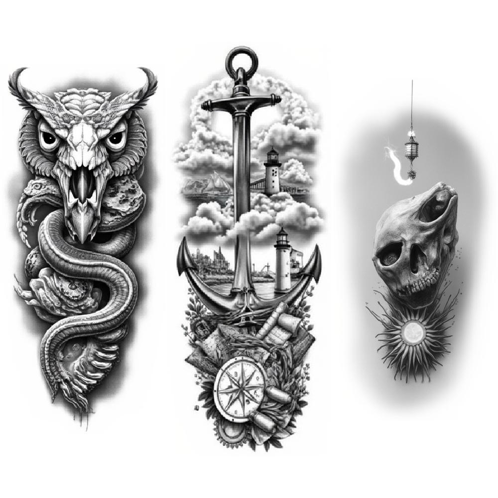 3pcs Temporary Tattoo Waterproof Long-lasting Body Stickers Wolf With Tentacles  And Ship Caged Bird For Arms Men Adults
