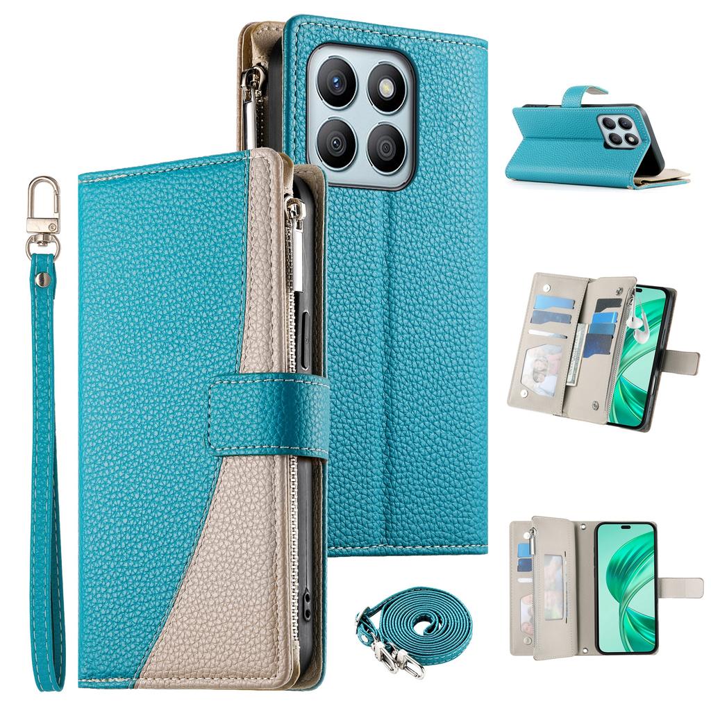 For Honor X8b 4G Case Zipper Wallet Color Splicing Leather Flip Phone Cover with Straps