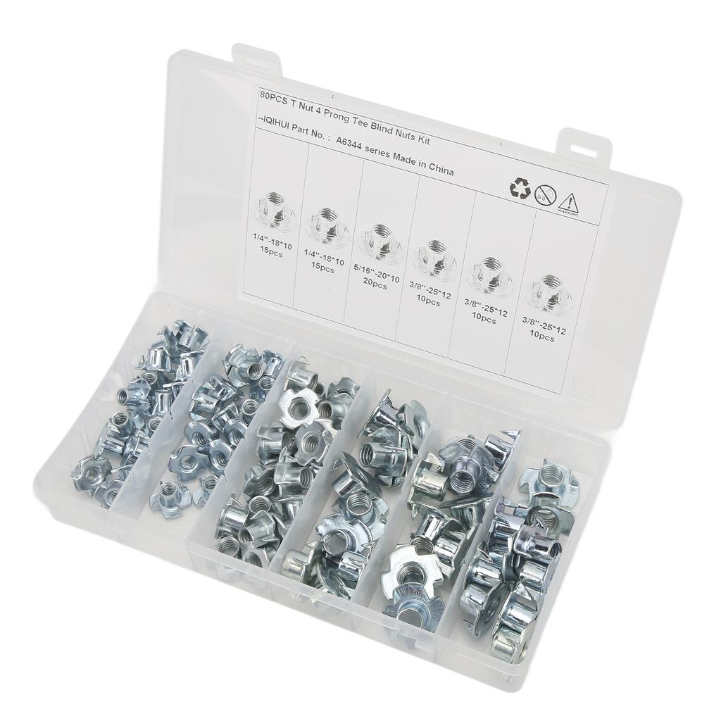 80Pcs T Nuts Carbon Steel Galvanized Layer Rust Resistant Sturdy 1 4in 5 16in 3 8in Pronged Tee Nut