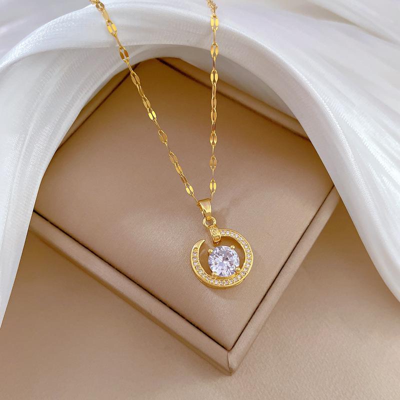 Zircon Moon Light Luxury Temperament Gorgeous Full Diamond Necklace Female Versatile Collarbone Chain Titanium Steel Chain