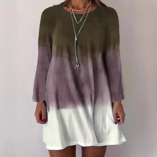 Dámské šaty s dlouhým rukávem s barevným přechodem, potištěné šaty volného střihu, pulovr s kulatým výstřihem