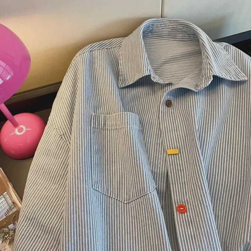 Polo de Mezclilla Oversize Vintage con Rayas de Contraste - Top de Manga Larga para Otoño de Mujer