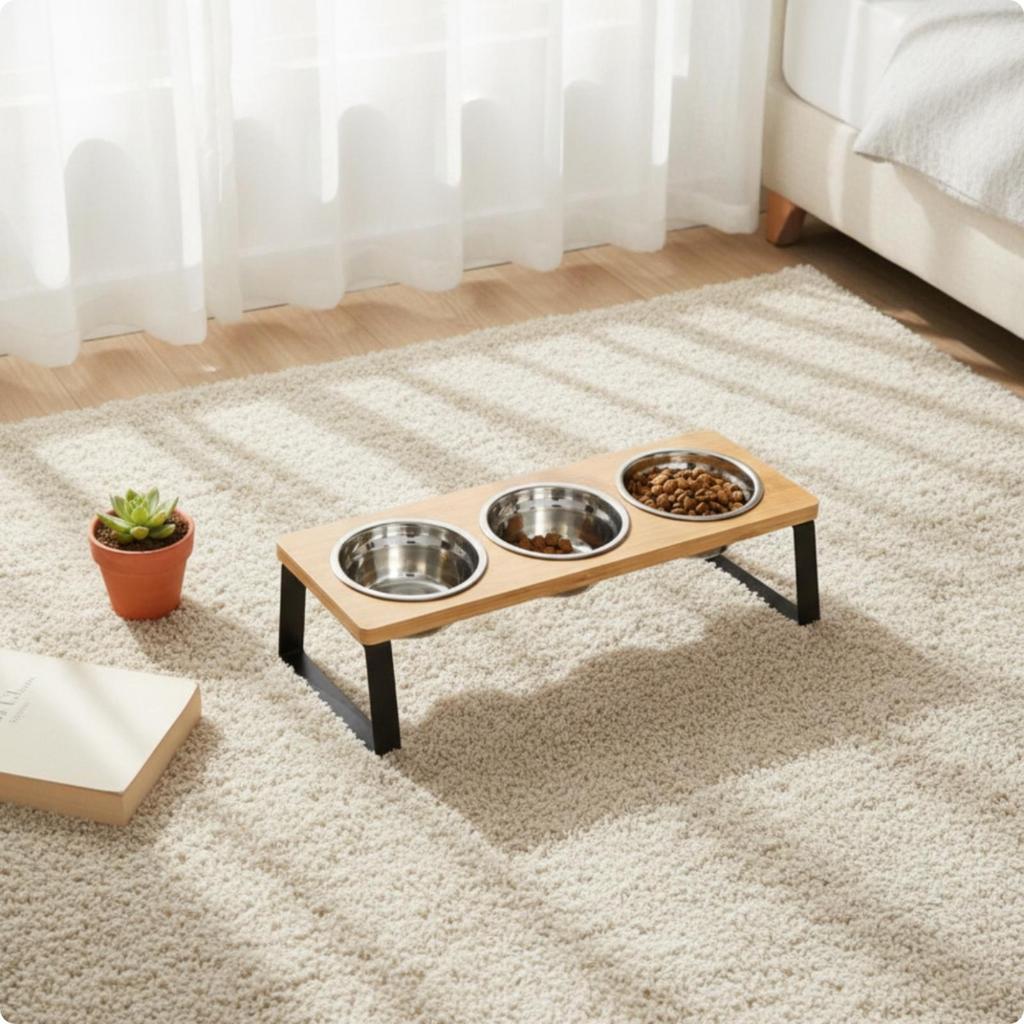 Raised Pet Bowl Stand with Stainless Steel Bowls Wooden Feeder Three