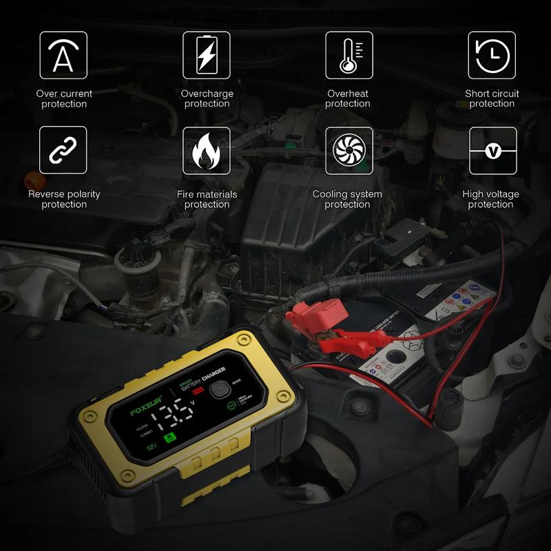 FOXSUR 12V 7A FBC1207E Universal Repair Car Battery Charger Intelligent Repair Motorcycle Charger for Lead Acid LiFePO4 Battery