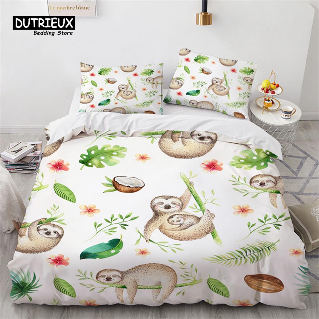 Niedlicher Faultier Bettbezug Einzelbett Cartoon Tier Bettwäsche Set Mikrofaser Floral Blätter Steppdeckenbezug Für Teenager Mädchen Jungen Kawaii Raumdeko