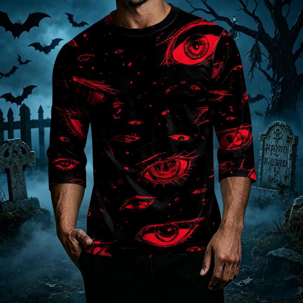Men's Casual Halloween Print Crew Neck T Shirt Three Quarter Sleeve Top Comfortable Fit Lightweight Fabric Stylish Design