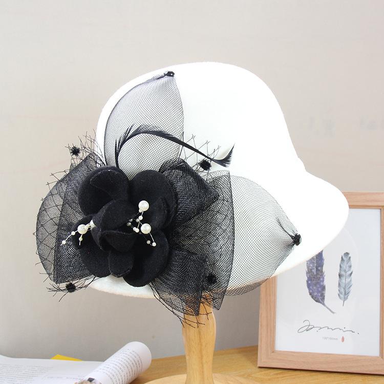 

Осенне-зимняя шерстяная шляпа-цилиндр женская, британская мода, теплая куполообразная шляпа-котелок, элегантная фетровая шляпа с цветком Adjustable