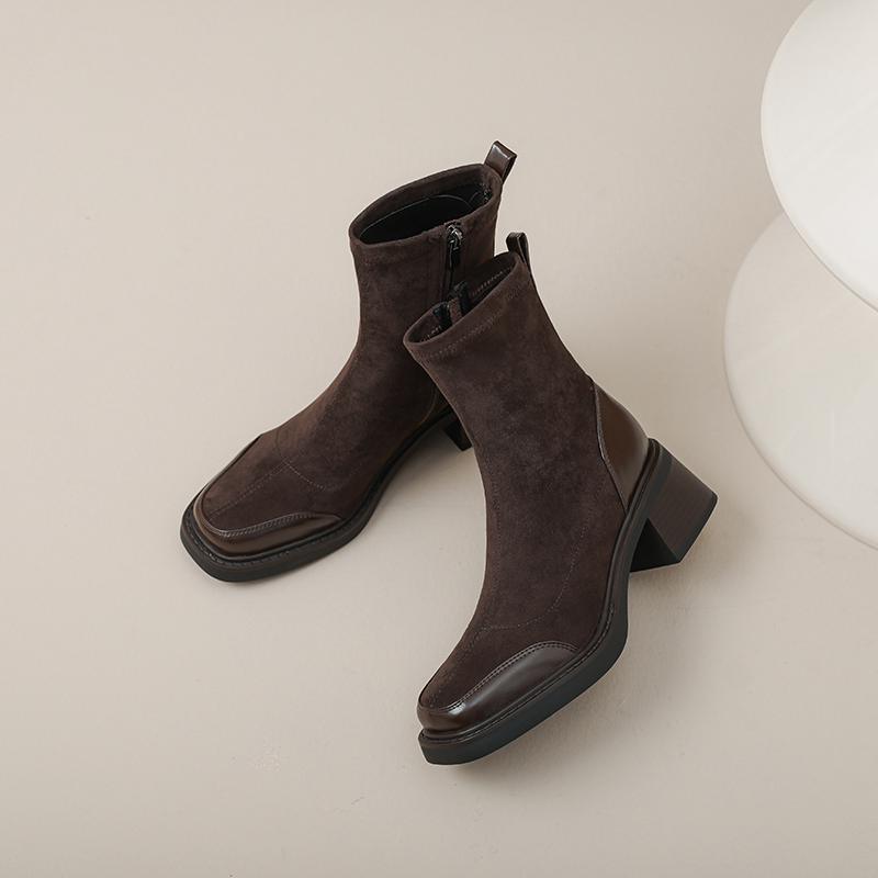 

Обувь Krazing Pot PU Flock осень-зима на толстом высоком каблуке, ботинки челси с квадратным носком, европейский стиль, сохраняющие тепло, ботильоны 42 коричневый