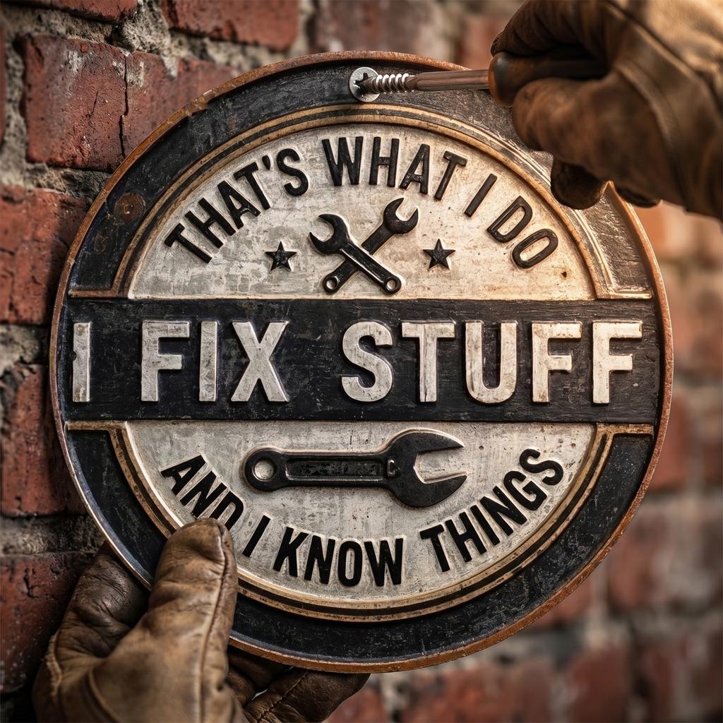 Metal Wall Sign That I Fix Stuff And I Know Things Round Decorative Plaque for Garage Workshop Home Office Wall Art