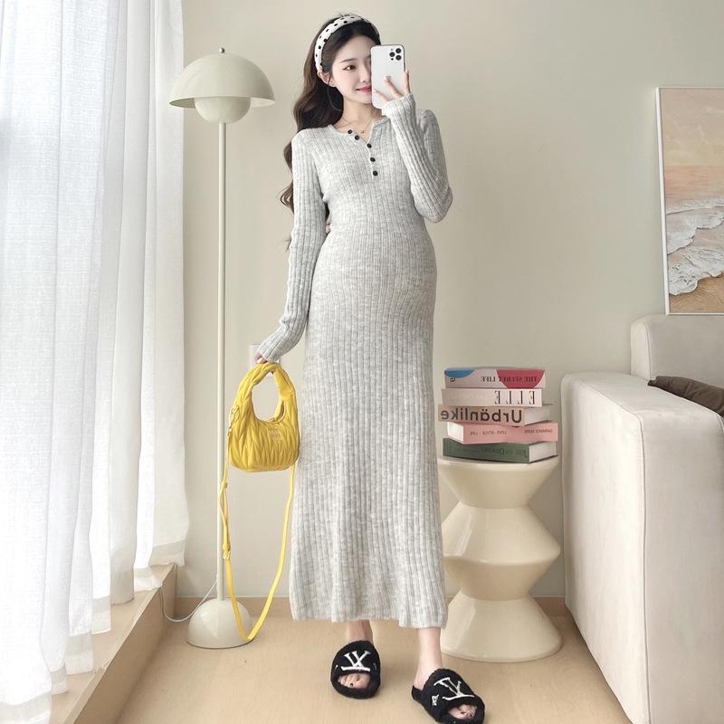 "2024 French Stripe Knit Maternity Sweater Dress - Mid-Length, Ideal for Spring & Autumn"