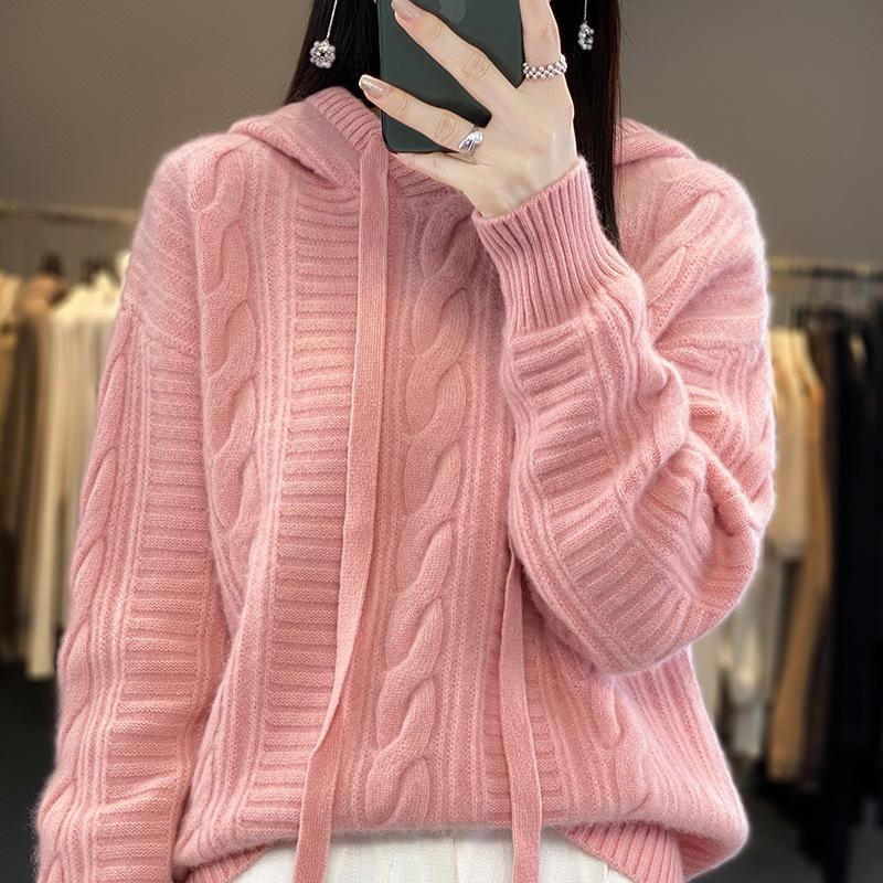 Women's Twisted Flower Cable Knit Wool Hoodie – Thick Pure Wool Sweater for Autumn/Winter