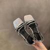 2025 New Summer Temperament Silver Thick Heel Roman Shoes French Medium High Heel One Word with Sandals Fairy Shoes