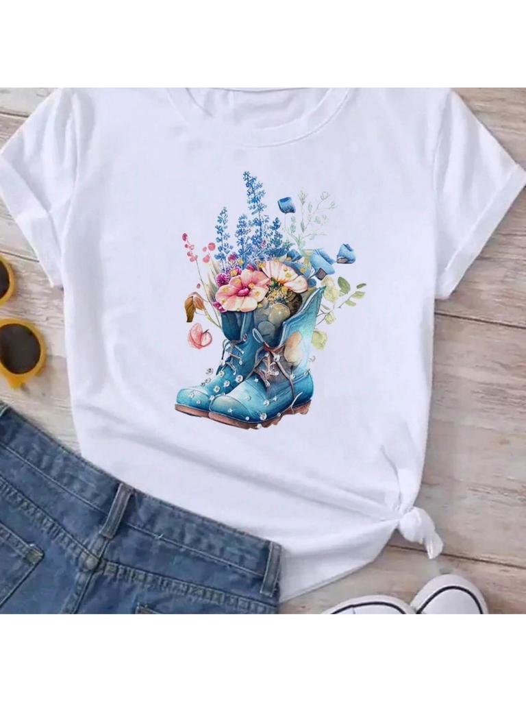 Vintage Floral Boots Print Wounisex Tshirt Casual Summer Short Sleeves White T Shirts Fashion T Shirt 90s Girl Female Tops Tees