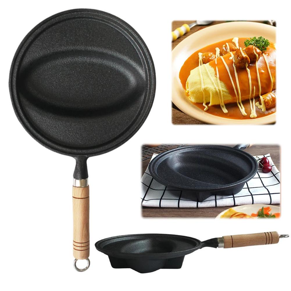 Cast Iron Frying Pan with Wood Handle Omurice Cooking Pot Non-Stick Pancake Mold Skillet Pan Anti-Scald for Home Kitchen