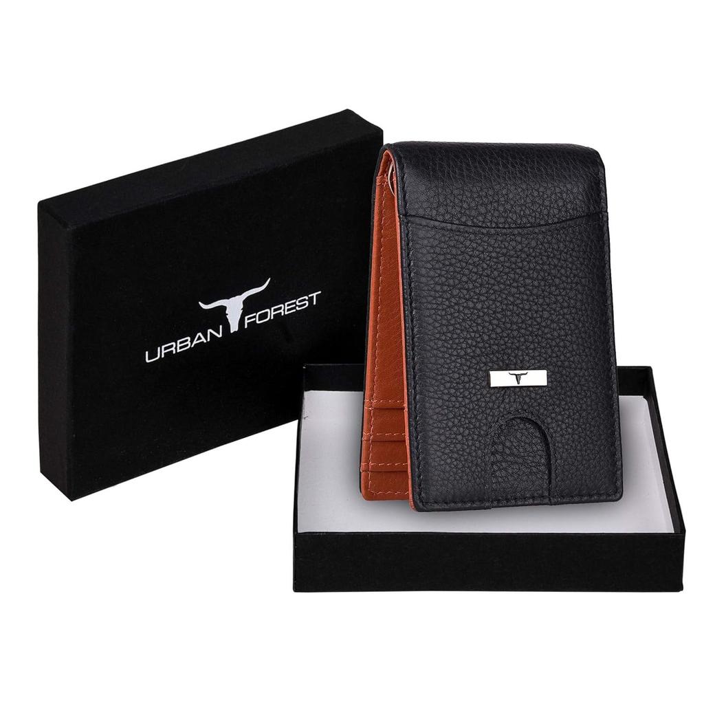 Eddy Black/Orange Money Clip Leather Wallet for Men - Minimal Leather Wallet for Men