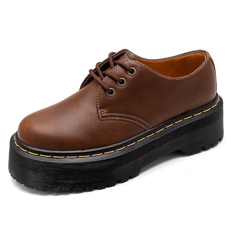 Thick-soled 3-hole small leather shoes women's low-top, brown British round head casual student muffin bottom short boots