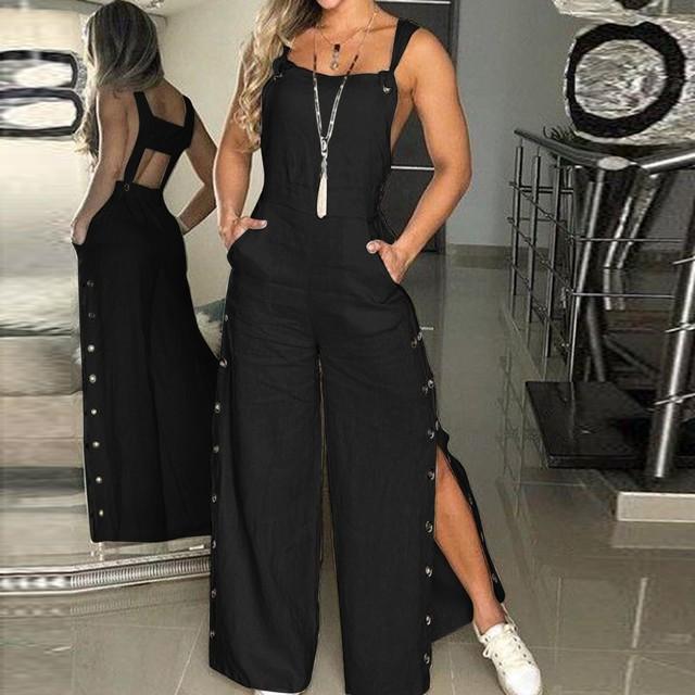 Button Jumpsuit Spaghetti Long Camis Pocket Summer Vintage Loose Wide Leg Overall Jumpsuit Playsuits Pocket Bodysuits Women