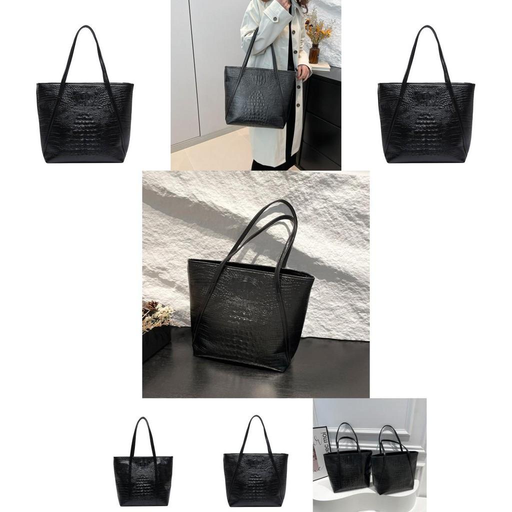 Fashionable Black Crocodile Pattern Tote Bag With Zipper Closure For Everyday Essentials