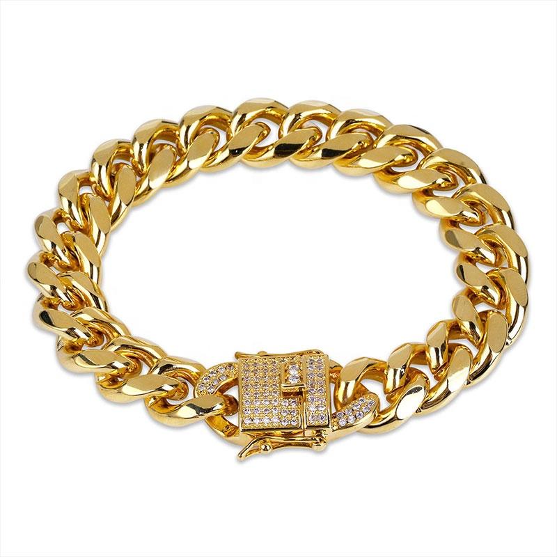 New Hip Hop Bracelet Gold Silver Color Cubic Zirconia Stone Buckle 12mm Width Cuban Chain Bracelets Charm Jewelry for Men Women