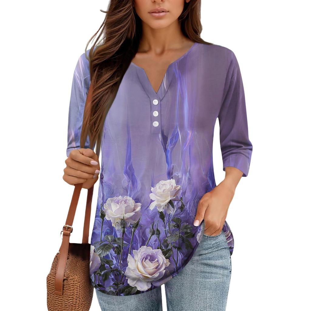 3/4 Length Sleeve Women's Tops Print Vintage Fashion Casual Loose With V Neck Plus Size Shirts Tops