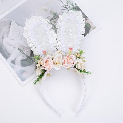 Bunny Headband Lace Bunny Ear Design Hair Hoop with Colorful Artificial Flowers Forest Style Easter Headband Hair Accessories