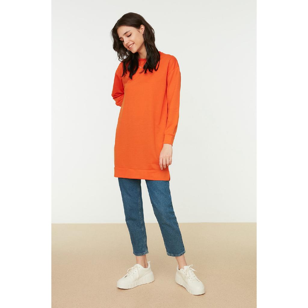Orangefarbenes Basic-Strick-Sweatshirt mit Schlitz und Rundhalsausschnitt, Tctaw22tw0138