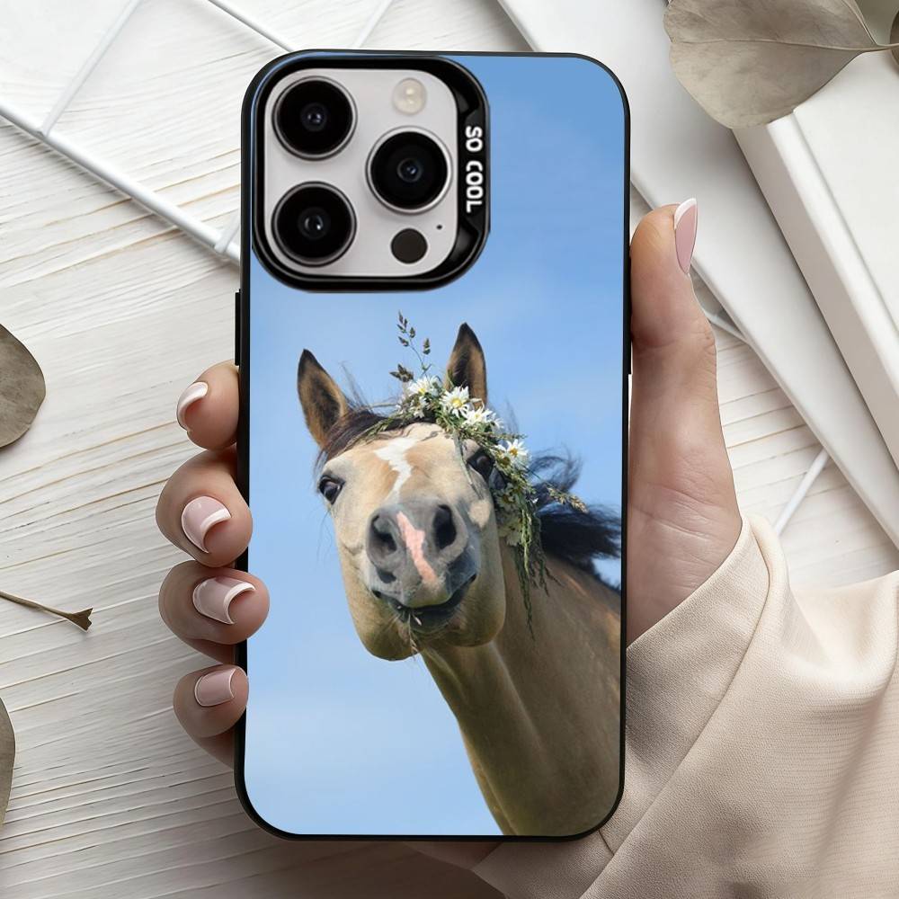 Funny Art Horse Animal   Phone Case For iPhone17,16,15,14,13,12,11 Plus,Pro Max Black Candy silver phone case