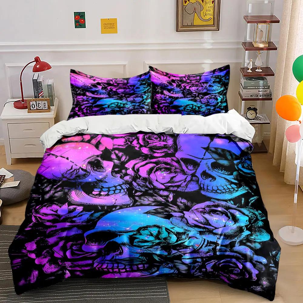 """Totenkopf Rose Kunst Dekor Set" Weiches Bequemes Bettbezug Bettwäsche Set Enthalten 1*Bettbezug & 2*Kissenbezüge Geschenk"""