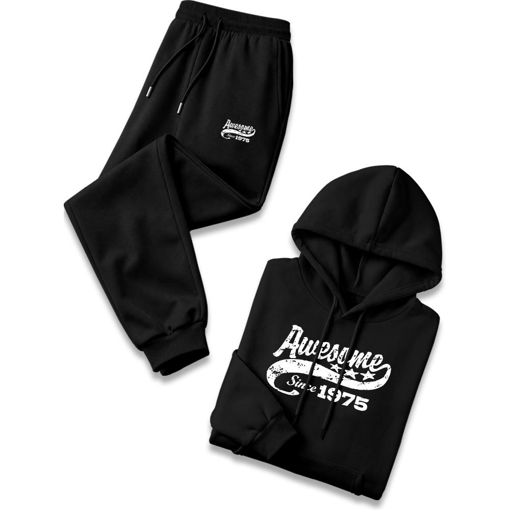 Retro Letter Printed Hooded Sweatshirt Set with Drawstring Sweatpants Two Piece Set for Men's Street Casual Sports Suit Trendy