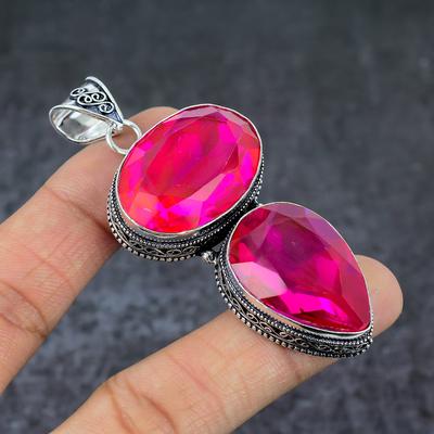 Natural Pink Rubillite Gemstone 925 Sterling Silver Jewelry Pendant 2.96" C2C80