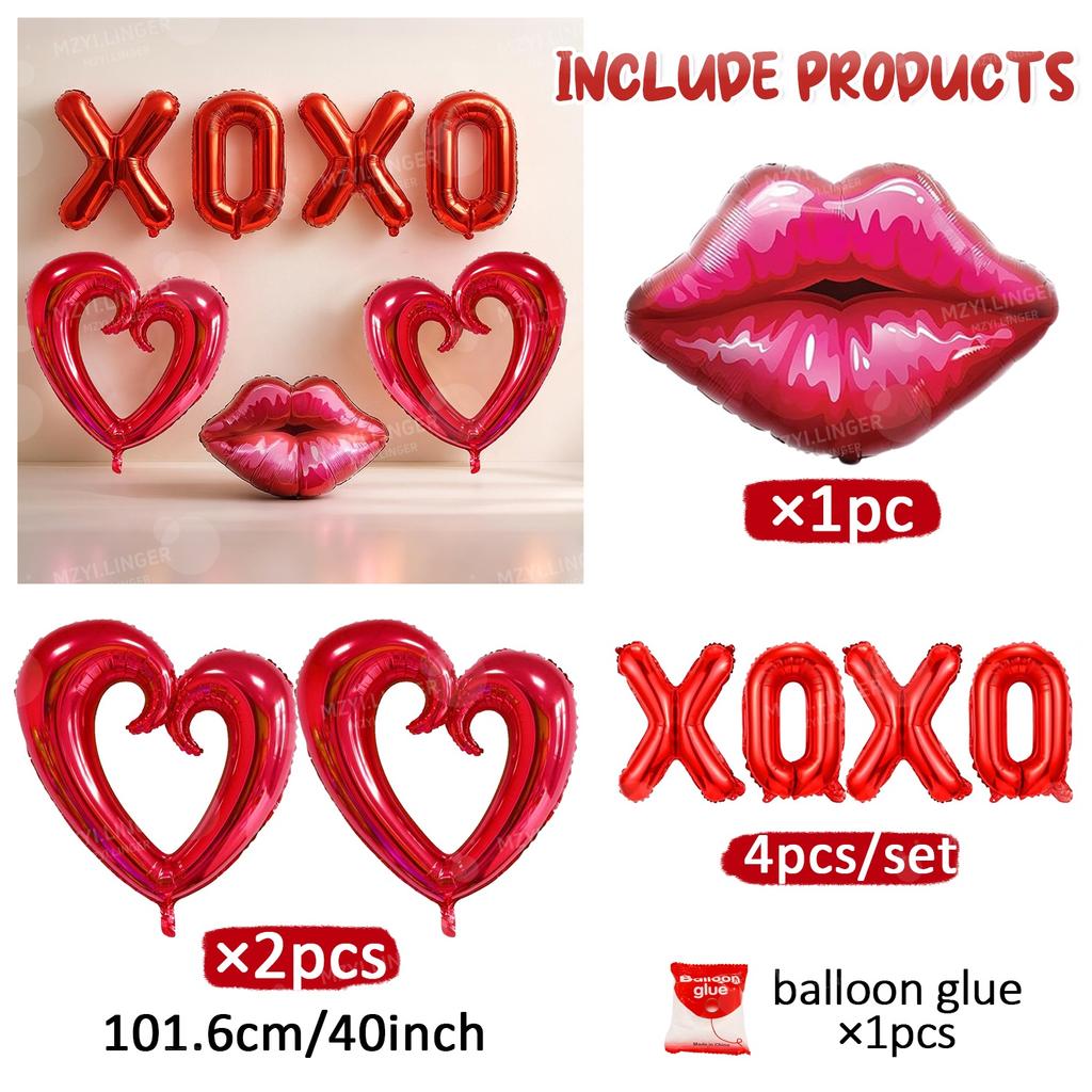Valentine's Day Balloon Set XOXO Letter Red Lips Heart shaped Balloon for Single Girl's Birthday Decor on Valentine's Day