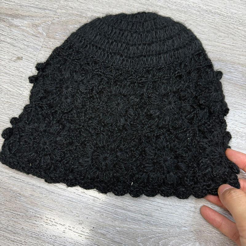 Handmade flower bag head hat female face small literary versatile pile hat winter cold warm knitted wool hat