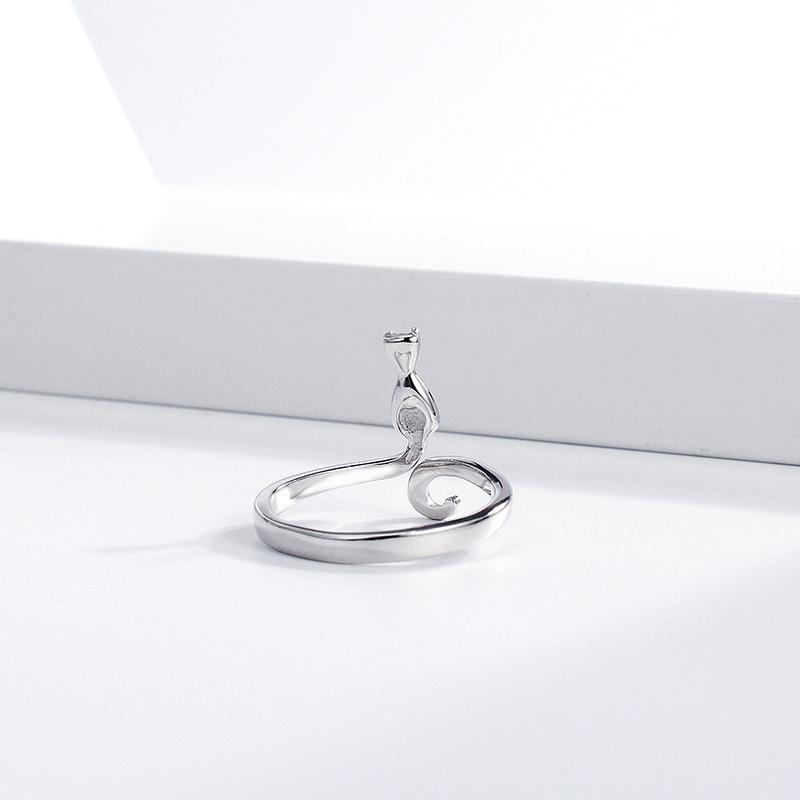 S Silver Cute Cat Rings for Women Sticky Cat with Long Tail Adjustable Ring Elegant Simple Handmade Animals Jewelry