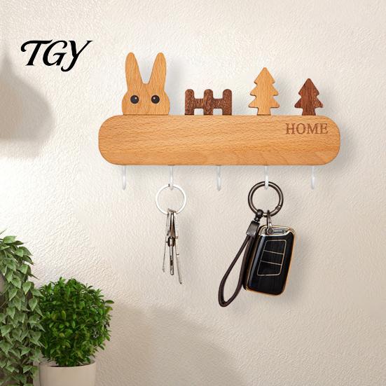 Adhesive Key Rack for Wall Wooden Holder with 5 Hooks, Cartoon House Theme Organizer, Multi Heavy Duty Screw Fixation Hooks Purpose Hanging