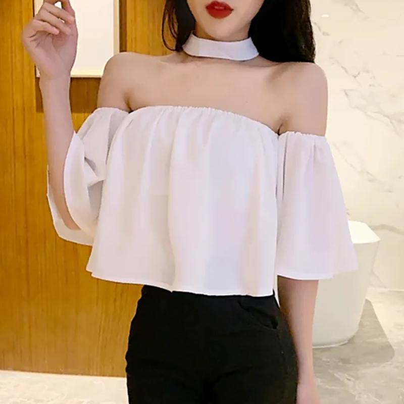 WTEMPO Léto s vypnutým ramenem Korejský styl Krátké topy s ohlávkou Dámské Jednobarevné Šifonové halenky Krátký rukáv Krátký rukáv