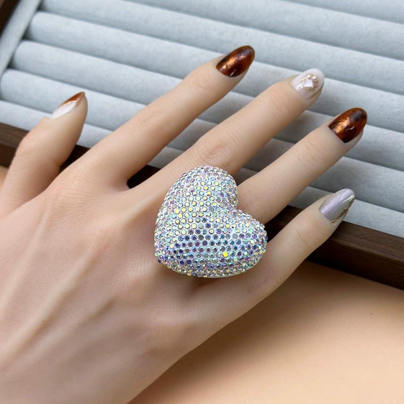 

Three-Dimensional Large Heart Rhine Stone Ring Women s INS Style Diy Handmade Ring Fashionable And Trendy Jewelry Accessory Diameter 1.8cm