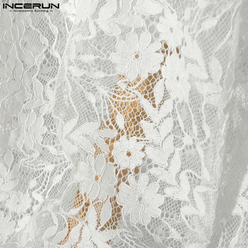 INCERUN Men Drawstring Elastic Waist Lace Patchwork Beach Loose Long Pants