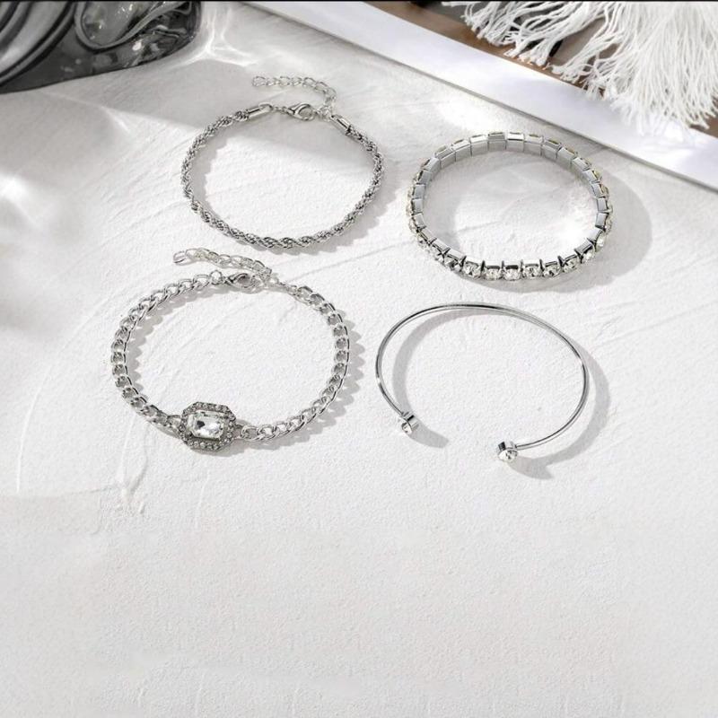 Literary and Artistic Retro Versatile Metal Chain Square Diamond 4-piece Set of Hot Selling Multi-layer Diamond Stacked Bracelet Set