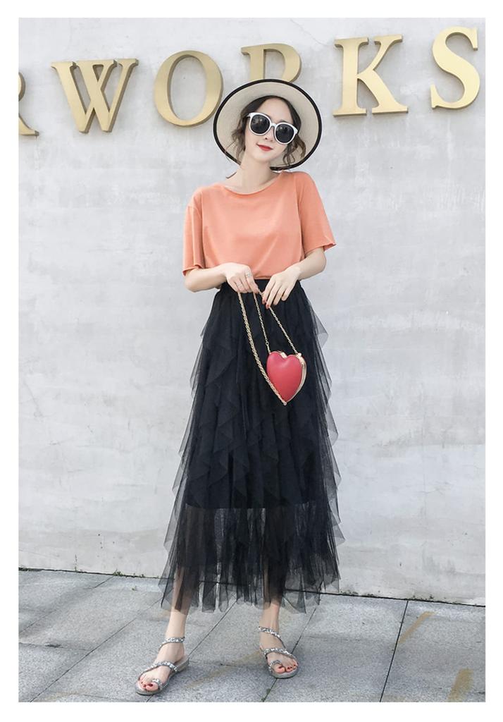 LIANFOR Unregelmäßiger Uni Langer Tüllrock mit Hoher Taille und Elastisch Stilvoll für Jeden Tag und Herbst Kostenlos Damen Rüschen, Taille, Tragen, Frühling, Sommer,