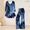 Women Plus Size V Neck Three Quarter Sleeve Printed Blue Flared Top And Flared Pants Two Piece Set