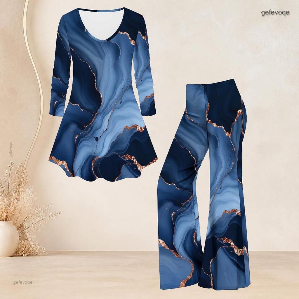 Women Plus Size V Neck Three Quarter Sleeve Printed Blue Flared Top And Flared Pants Two Piece Set