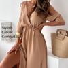 Women's Summer Maxi Dress V Neck Half Sleeve Long Dresses Casual Solid Color Middle Waistline Dress