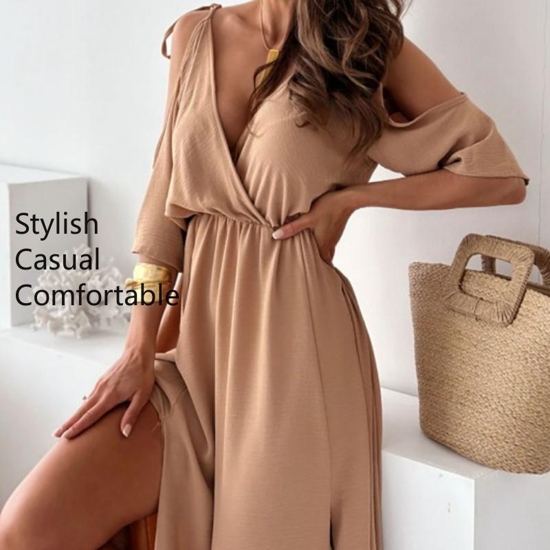 Women's Summer Maxi Dress V Neck Half Sleeve Long Dresses Casual Solid Color Middle Waistline Dress