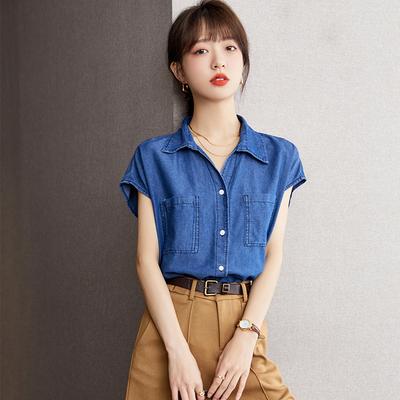 Camicia in denim senza maniche, canotta vintage con scollo a polo, stile estivo, da donna