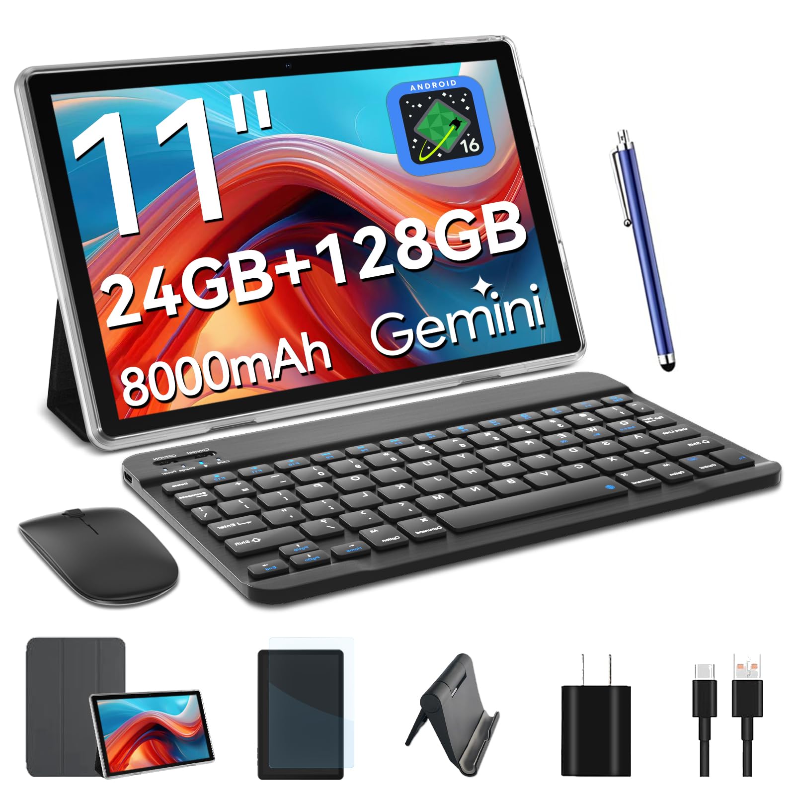 

New for 2025 Android 16 Tablet Large FHD Screen T615 8000mAh WiFi Keyboard Mouse Stylus Film Case Wireless Split GMS WideVine L1 Thin and Lightweight сірий колір
