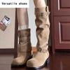 Platform Thick Heel Women Slip On Western Cowboy Boots Fashion Folded Pile Long Booties Female Shoes Autumn Winter