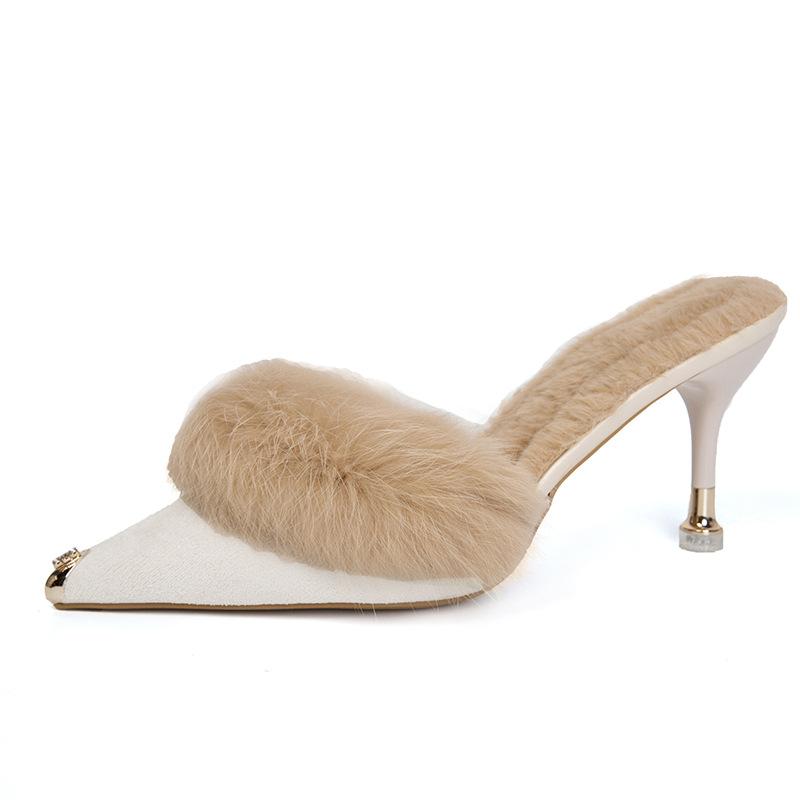 Niche Rabbit Mao Mao High Heels Women Winter Wear Thin Heel Fashion Velvet 25 Internet Celebrity Temperament Half Pack Slippers Female Tide