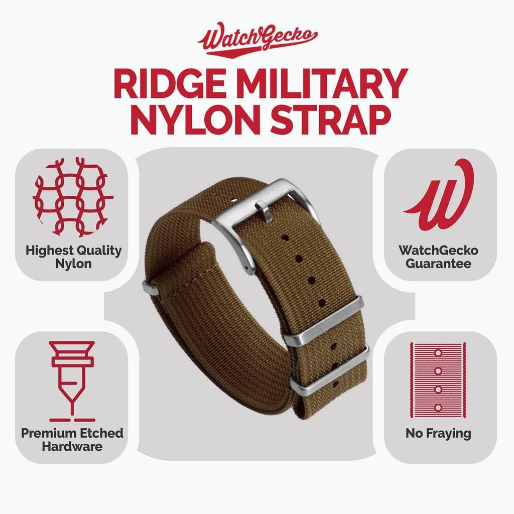 WatchGecko Ridge Military Nylon Watch Band - Stylish and Durable, Brown - 21mm